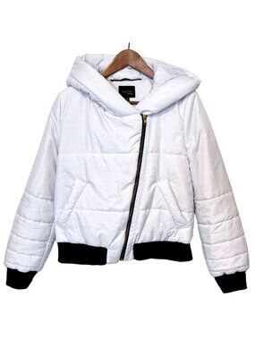 VAUTE Couture Cropped White Bomber Jacket with Asymmetrical Gold Zipper – S